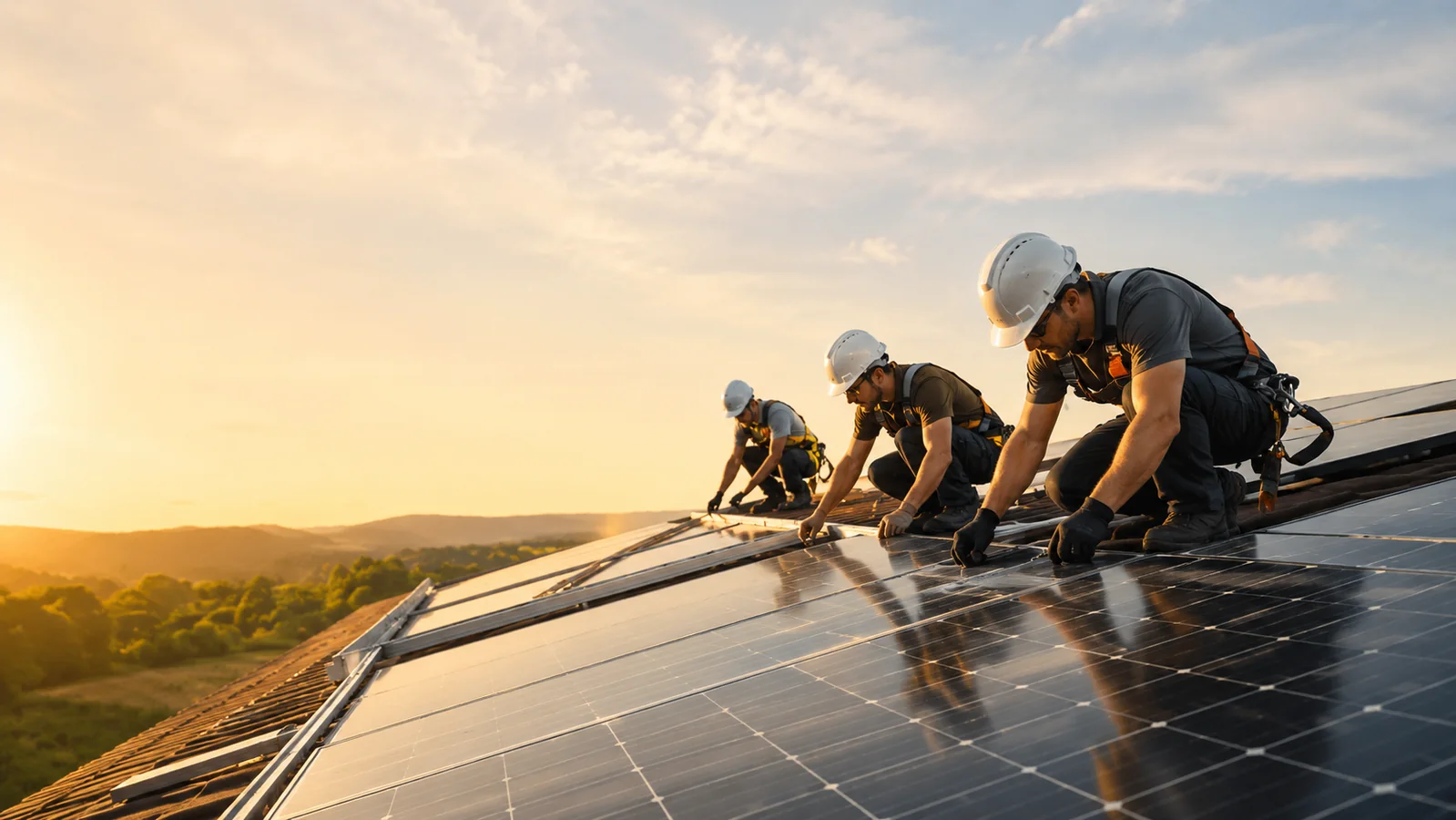 Workers installing solar panels at golden hour