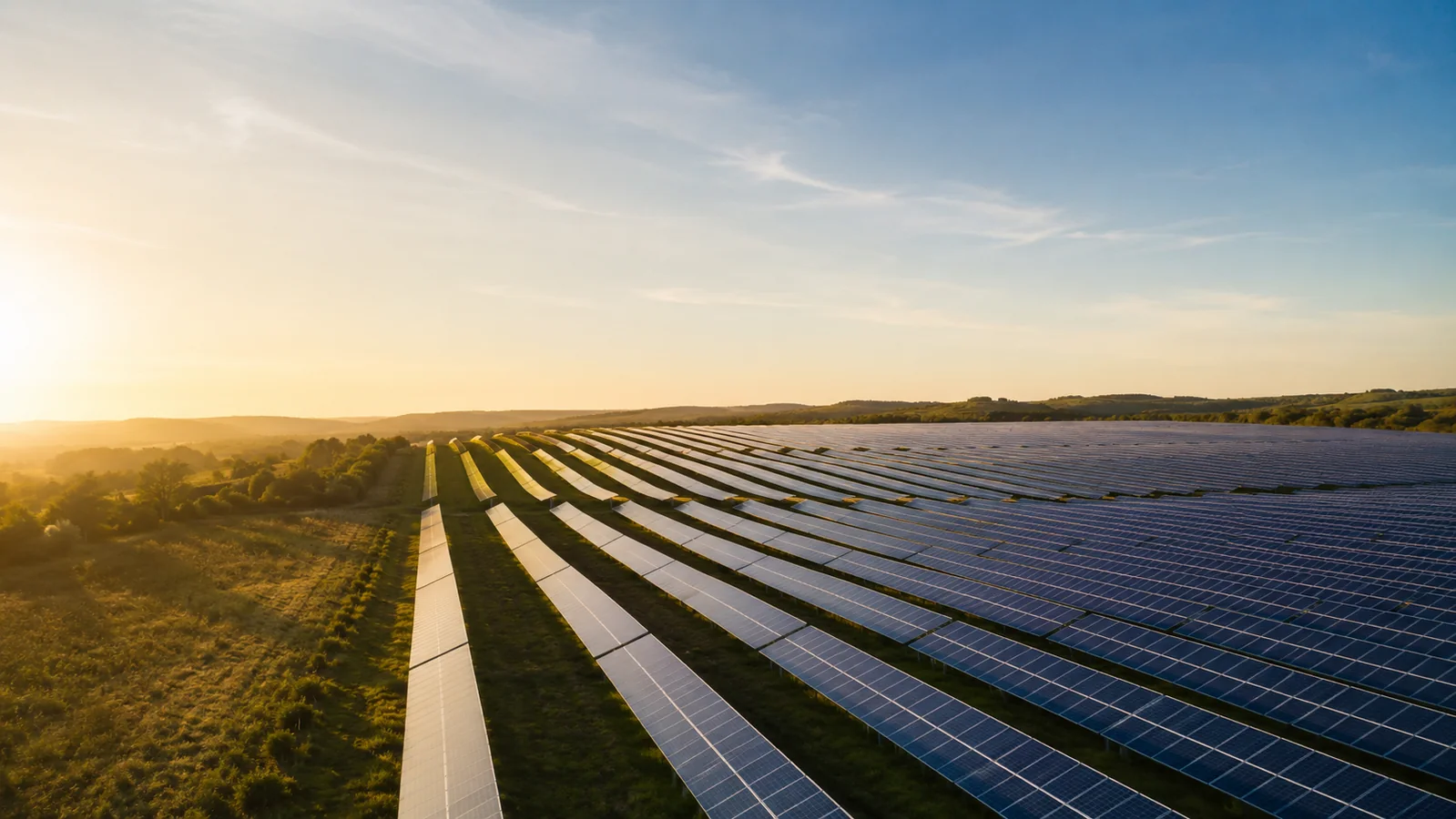 Large solar field at golden hour